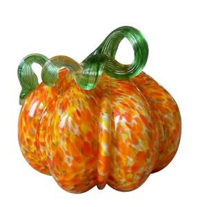 Hand Blown Art Glass Pumpkin Orange Speckled Green Stem Fall Home Decor New